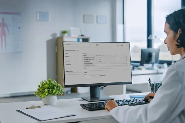 Une médecin est assise devant un écran sur lequel s'affiche le nouveau gestionnaire d'ordonnances Zur Rose.