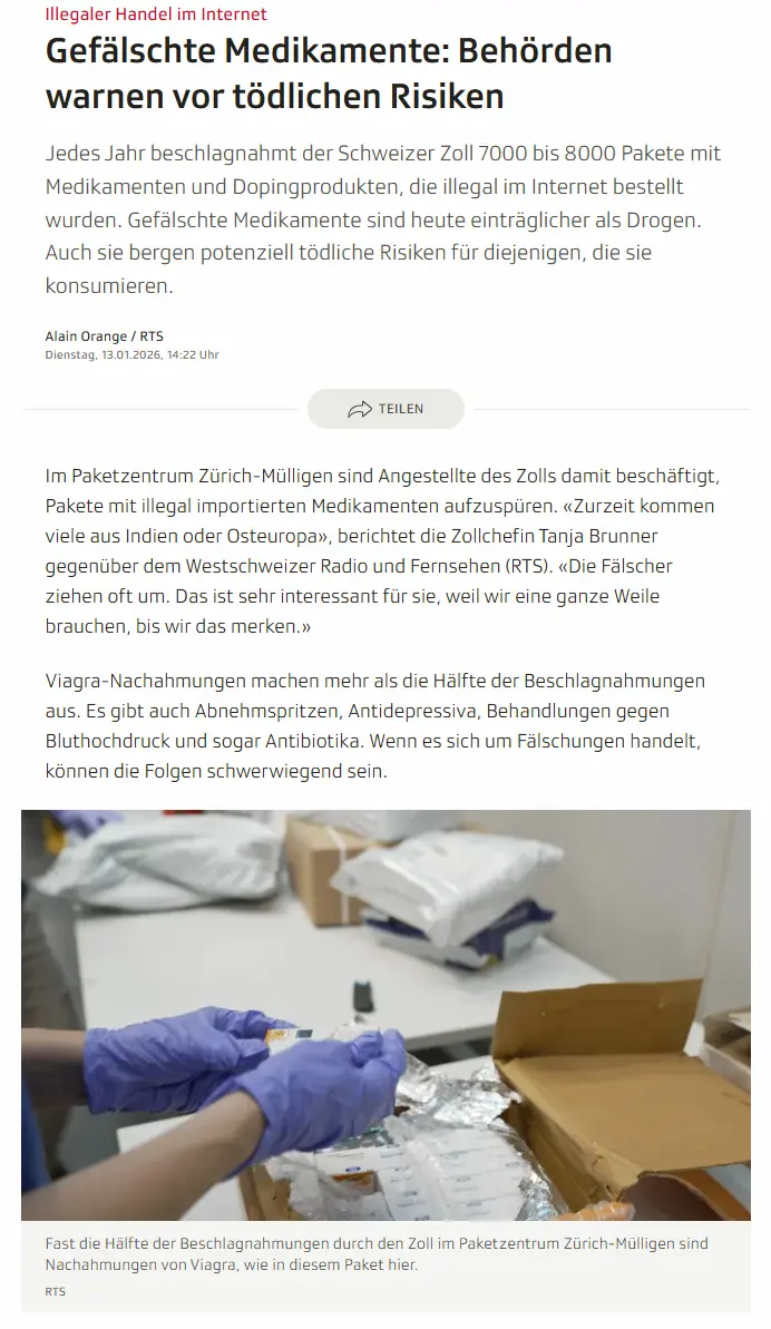 Artikel SRF - Illegaler Medikamentenhandel