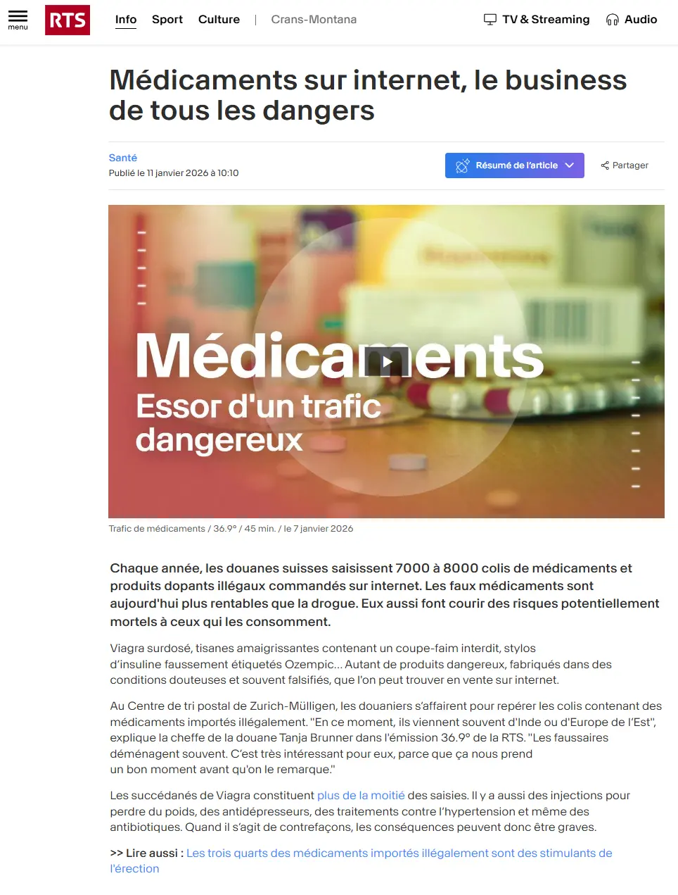 Reportage de la RTS : Commerce illégal de médicaments sur Internet 