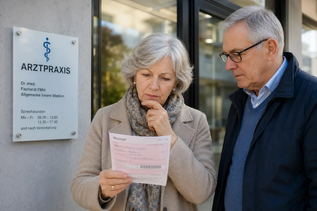 Frau mit Rezept vor einer Arztpraxis