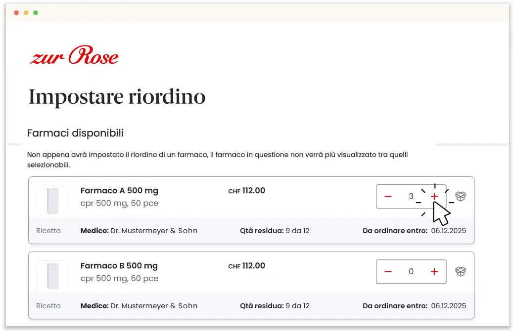 Selezionare i farmaci e il quantitativo d’ordine