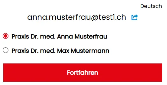 Anmeldemaske Zur Rose Studio - Praxis auswählen