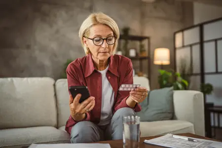 Frau auf Couch mit Tabletten und Handy